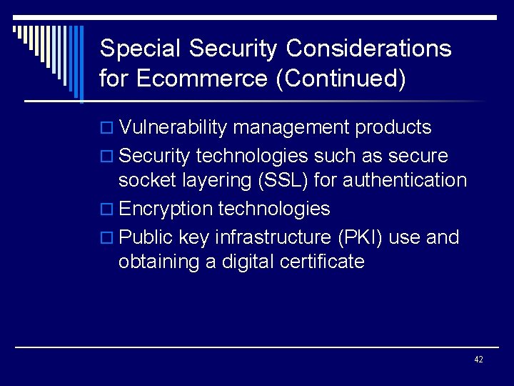 Special Security Considerations for Ecommerce (Continued) o Vulnerability management products o Security technologies such