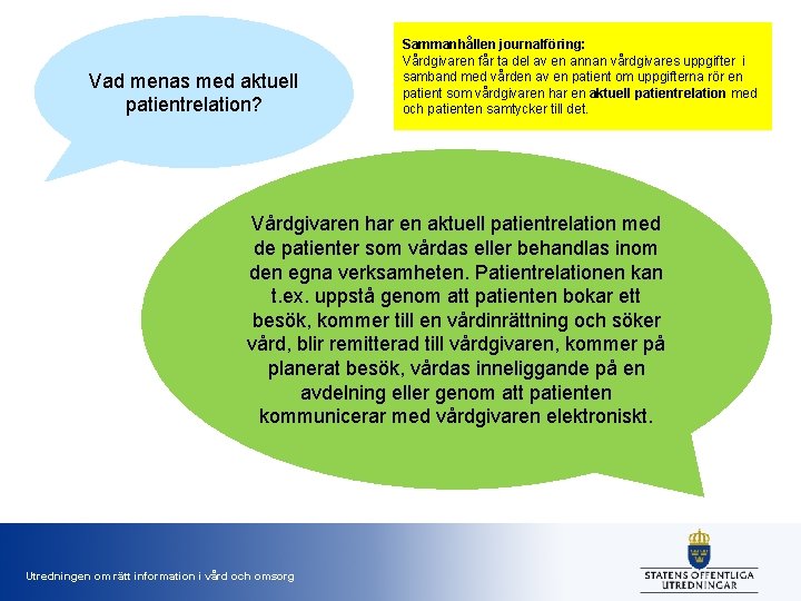 Vad menas med aktuell patientrelation? Sammanhållen journalföring: Vårdgivaren får ta del av en annan