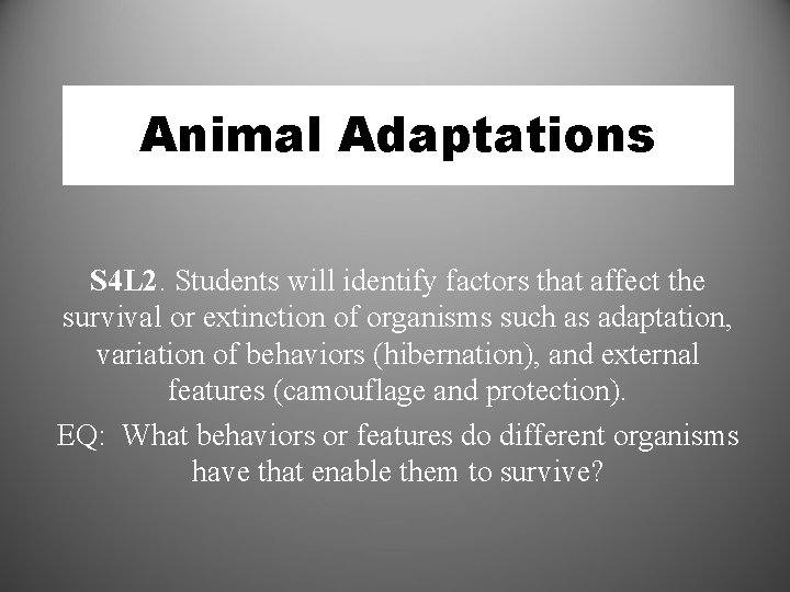 Animal Adaptations S 4 L 2. Students will identify factors that affect the survival