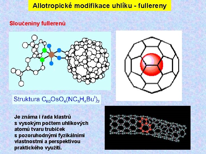 Allotropické modifikace uhlíku - fullereny Sloučeniny fullerenů Je známa i řada klastrů s vysokým Allotropické modifikace uhlíku - fullereny Sloučeniny fullerenů Je známa i řada klastrů s vysokým