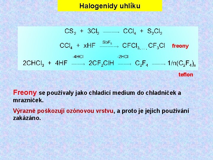 Halogenidy uhlíku freony teflon Freony se používaly jako chladicí medium do chladniček a mrazniček. Halogenidy uhlíku freony teflon Freony se používaly jako chladicí medium do chladniček a mrazniček.