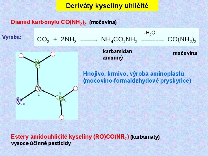 Deriváty kyseliny uhličité Diamid karbonylu CO(NH 2)2 (močovina) Výroba: karbamidan amonný močovina Hnojivo, krmivo, Deriváty kyseliny uhličité Diamid karbonylu CO(NH 2)2 (močovina) Výroba: karbamidan amonný močovina Hnojivo, krmivo,