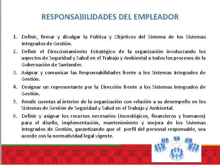 RESPONSABILIDADES DEL EMPLEADOR 1. Definir, firmar y divulgar la Política y Objetivos del Sistema RESPONSABILIDADES DEL EMPLEADOR 1. Definir, firmar y divulgar la Política y Objetivos del Sistema