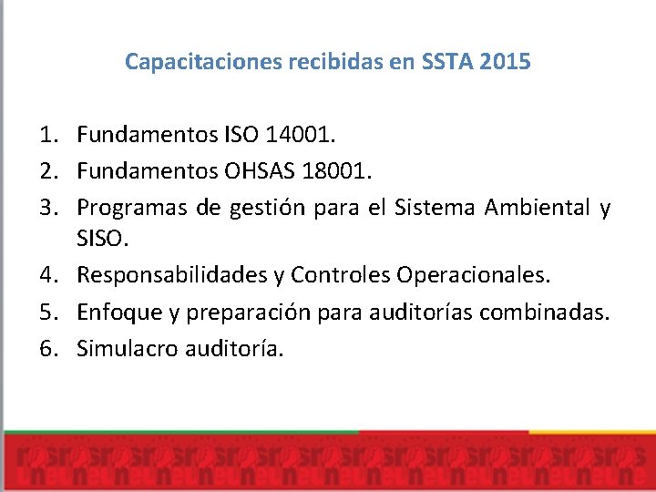 Capacitaciones recibidas en SSTA 2015 1. Fundamentos ISO 14001. 2. Fundamentos OHSAS 18001. 3. Capacitaciones recibidas en SSTA 2015 1. Fundamentos ISO 14001. 2. Fundamentos OHSAS 18001. 3.