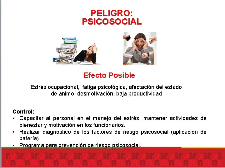 PELIGRO: PSICOSOCIAL Efecto Posible Estrés ocupacional, fatiga psicológica, afectación del estado de animo, desmotivación,