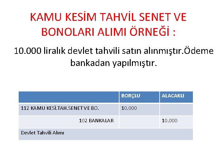 KAMU KESİM TAHVİL SENET VE BONOLARI ALIMI ÖRNEĞİ : 10. 000 liralık devlet tahvili