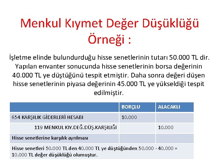 Menkul Kıymet Değer Düşüklüğü Örneği : İşletme elinde bulundurduğu hisse senetlerinin tutarı 50. 000