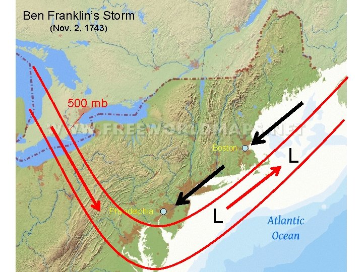 Ben Franklin’s Storm (Nov. 2, 1743) 500 mb Boston Philadelphia L L 