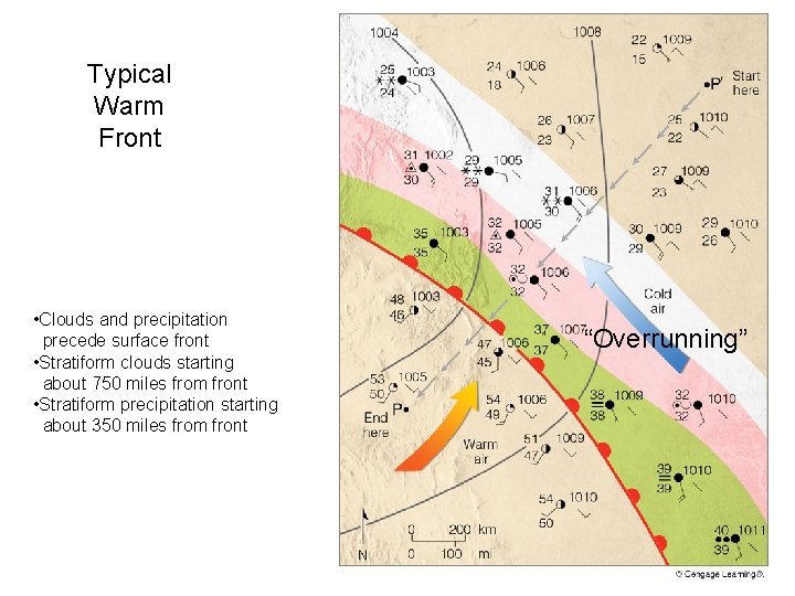 Typical Warm Front • Clouds and precipitation precede surface front • Stratiform clouds starting