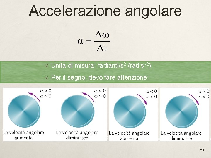 Accelerazione angolare Unità di misura: radianti/s 2 (rad. s -2) Per il segno, devo Accelerazione angolare Unità di misura: radianti/s 2 (rad. s -2) Per il segno, devo
