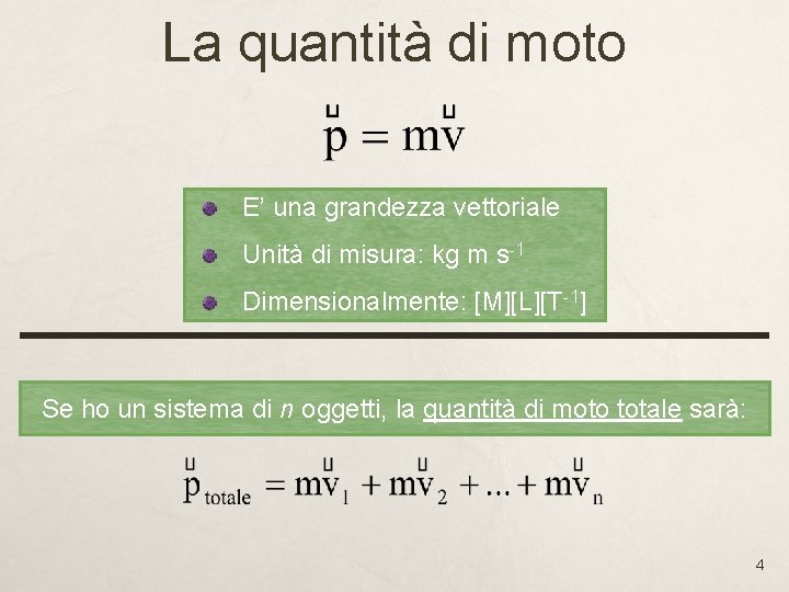 La quantità di moto E’ una grandezza vettoriale Unità di misura: kg m s-1 La quantità di moto E’ una grandezza vettoriale Unità di misura: kg m s-1