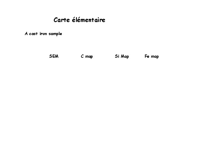 Carte élémentaire A cast iron sample SEM C map Si Map Fe map 