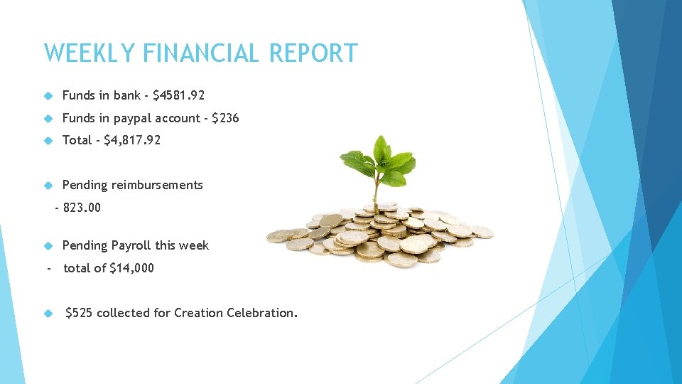 WEEKLY FINANCIAL REPORT Funds in bank - $4581. 92 Funds in paypal account -