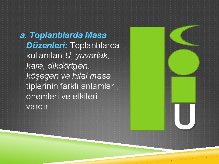 a. Toplantılarda Masa Düzenleri: Toplantılarda kullanılan U, yuvarlak, kare, dikdörtgen, köşegen ve hilal masa