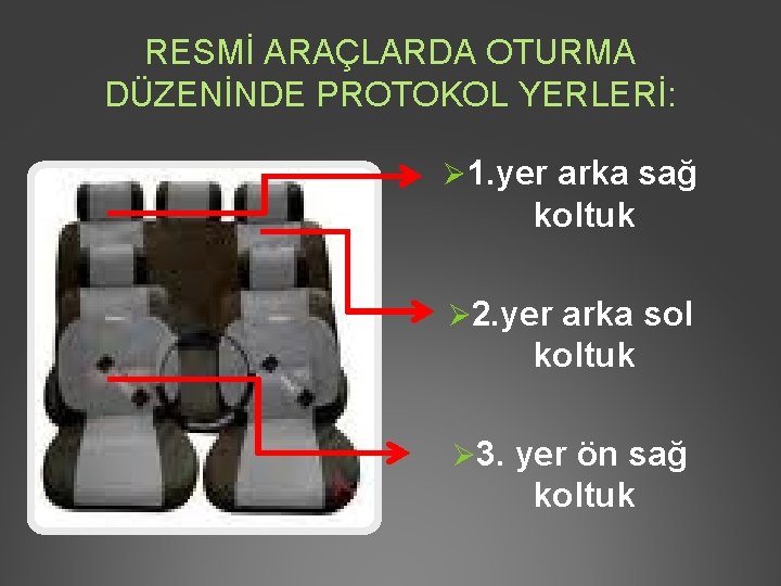 RESMİ ARAÇLARDA OTURMA DÜZENİNDE PROTOKOL YERLERİ: Ø 1. yer arka sağ koltuk Ø 2.