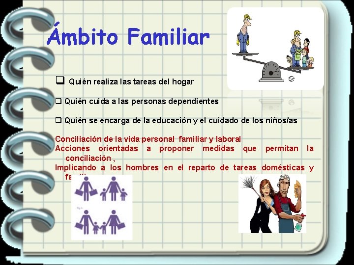 Ámbito Familiar q Quién realiza las tareas del hogar q Quién cuida a las