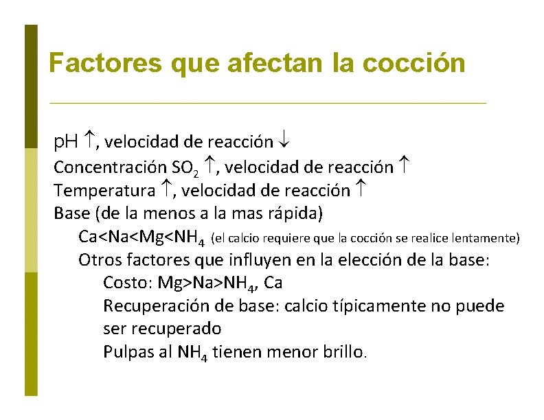 Factores que afectan la cocción p. H , velocidad de reacción Concentración SO 2
