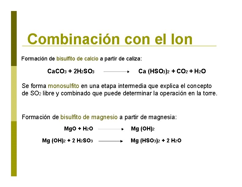 Combinación con el Ion Formación de bisulfito de calcio a partir de caliza: Ca.