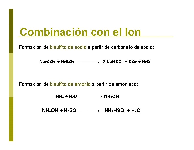 Combinación con el Ion Formación de bisulfito de sodio a partir de carbonato de
