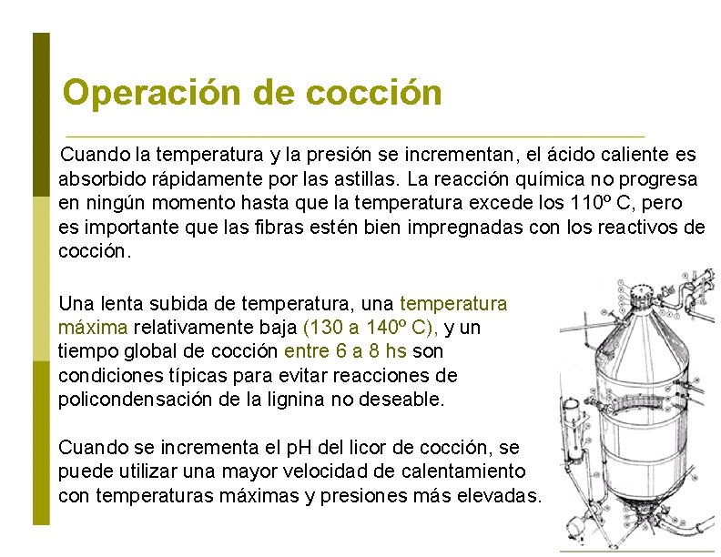Operación de cocción Cuando la temperatura y la presión se incrementan, el ácido caliente