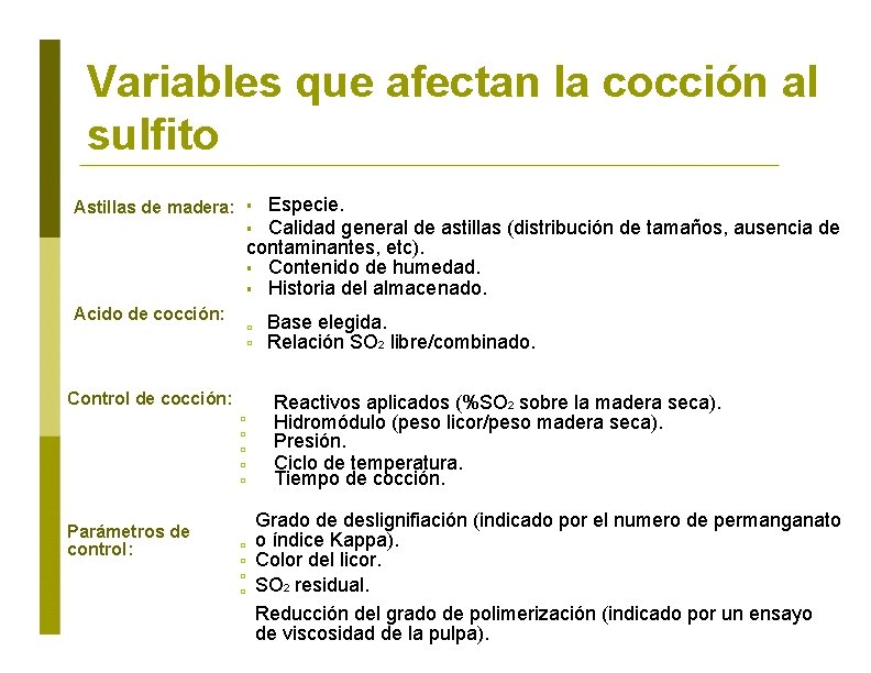 Variables que afectan la cocción al sulfito Especie. Calidad general de astillas (distribución de