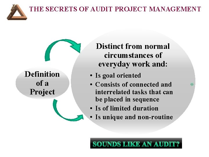 THE SECRETS OF AUDIT PROJECT MANAGEMENT Distinct from normal circumstances of everyday work and: