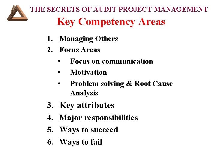 THE SECRETS OF AUDIT PROJECT MANAGEMENT Key Competency Areas 1. Managing Others 2. Focus