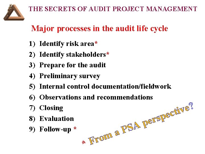 THE SECRETS OF AUDIT PROJECT MANAGEMENT Major processes in the audit life cycle 1)