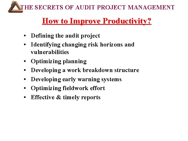 THE SECRETS OF AUDIT PROJECT MANAGEMENT COURSE How to Improve Productivity? • Defining the