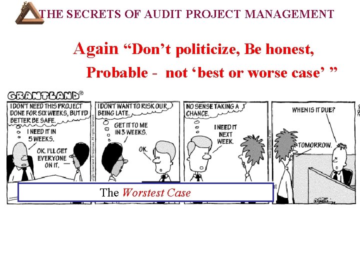 THE SECRETS OF AUDIT PROJECT MANAGEMENT OURSE OUTLINE (Cont’d): Again “Don’t politicize, Be honest,