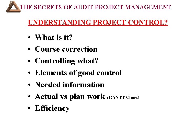 THE SECRETS OF AUDIT PROJECT MANAGEMENT UNDERSTANDING PROJECT CONTROL? • • What is it?