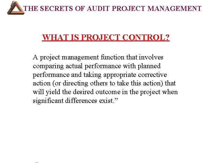 THE SECRETS OF AUDIT PROJECT MANAGEMENT WHAT IS PROJECT CONTROL? A project management function