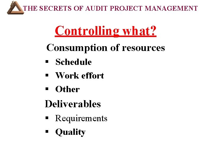 THE SECRETS OF AUDIT PROJECT MANAGEMENT Controlling what? Consumption of resources § Schedule §
