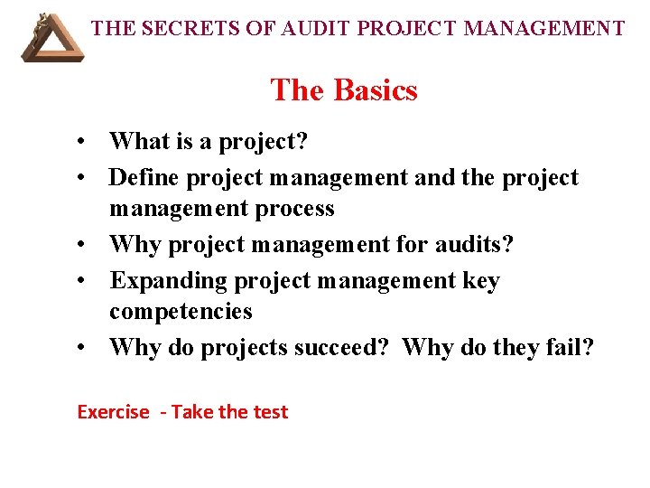 THE SECRETS OF AUDIT PROJECT MANAGEMENT The Basics • What is a project? •