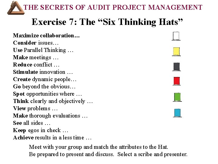 THE SECRETS OF AUDIT PROJECT MANAGEMENT Exercise 7: The “Six Thinking Hats” Maximize collaboration…