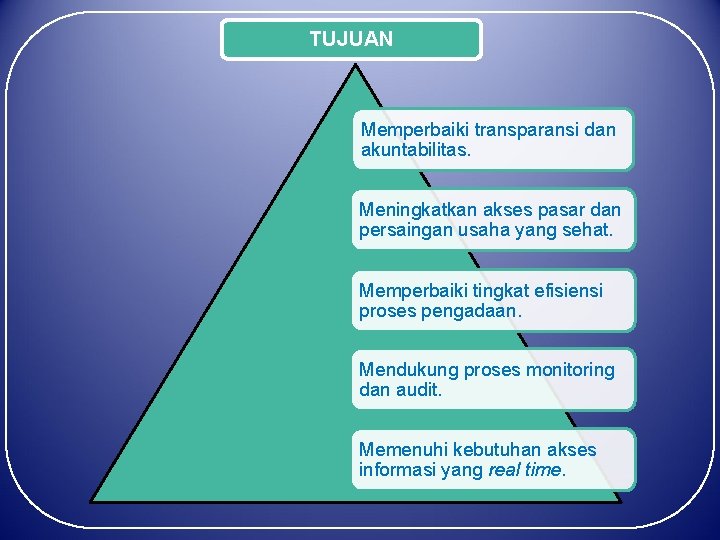 TUJUAN Memperbaiki transparansi dan akuntabilitas. Meningkatkan akses pasar dan persaingan usaha yang sehat. Memperbaiki