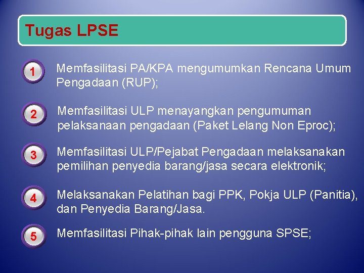Tugas LPSE 3 1 Memfasilitasi PA/KPA mengumumkan Rencana Umum Pengadaan (RUP); 3 2 Memfasilitasi