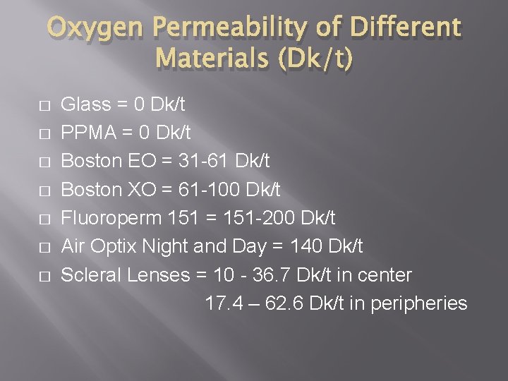 Oxygen Permeability of Different Materials (Dk/t) � � � � Glass = 0 Dk/t