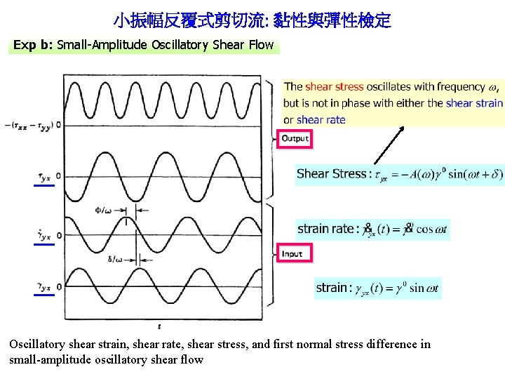 小振幅反覆式剪切流: 黏性與彈性檢定 Exp b: Small-Amplitude Oscillatory Shear Flow Oscillatory shear strain, shear rate, shear