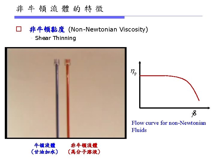 非牛頓流體的特徵 o 非牛頓黏度 (Non-Newtonian Viscosity) - Shear Thinning Flow curve for non-Newtonian Fluids 牛頓流體