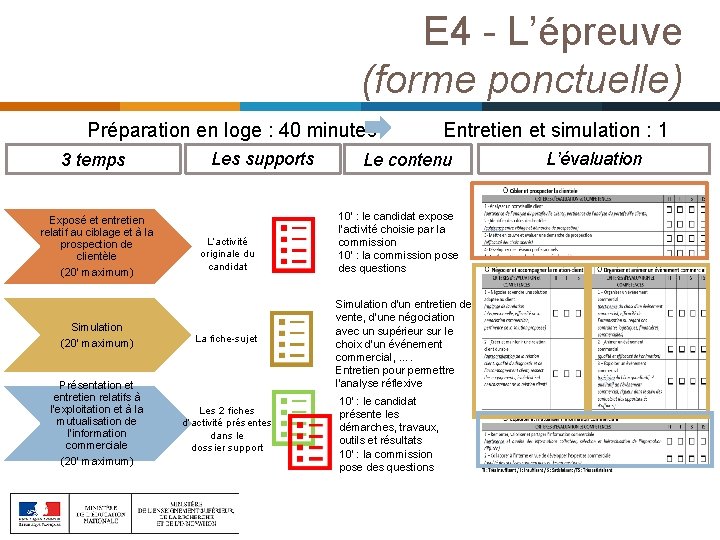 E 4 - L’épreuve (forme ponctuelle) Préparation en loge : 40 minutes Entretien et