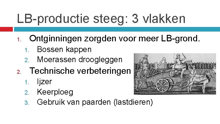 LB-productie steeg: 3 vlakken 1. Ontginningen zorgden voor meer LB-grond. 1. 2. Bossen kappen