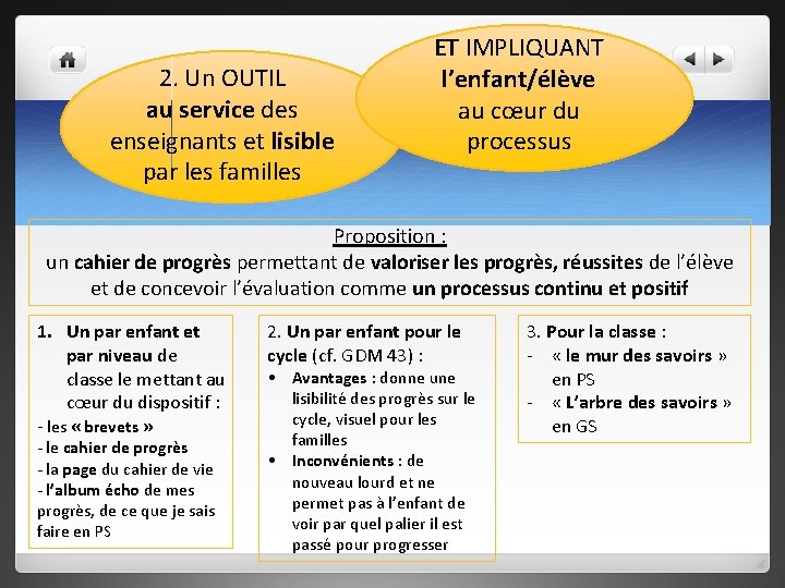 2. Un OUTIL au service des enseignants et lisible par les familles ET IMPLIQUANT