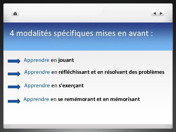 4 modalités spécifiques mises en avant : Apprendre en jouant Apprendre en réfléchissant et