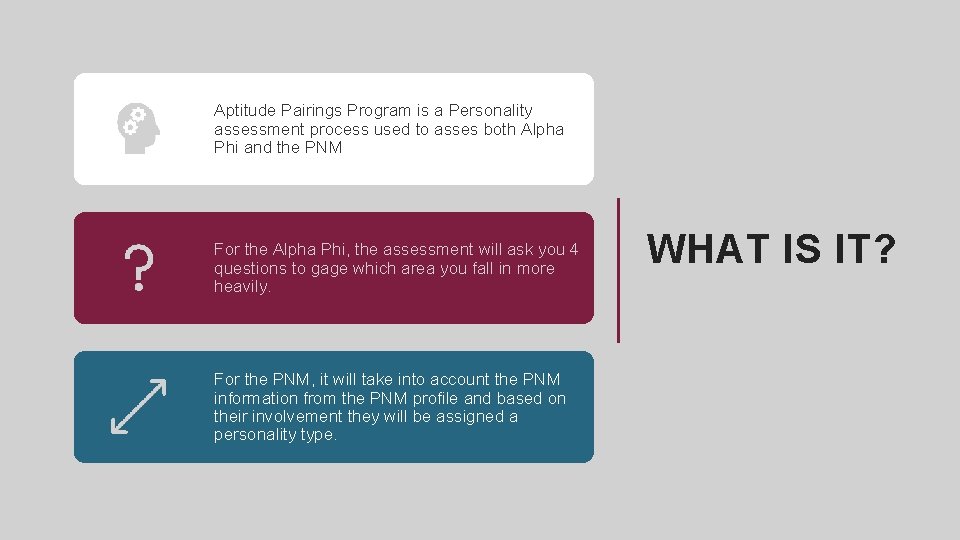 Aptitude Pairings Program is a Personality assessment process used to asses both Alpha Phi