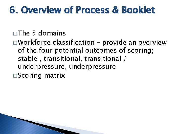 6. Overview of Process & Booklet � The 5 domains � Workforce classification –