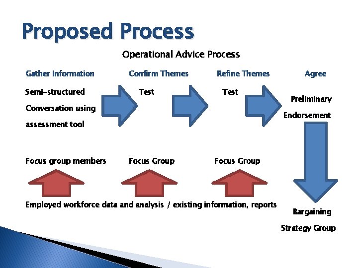 Proposed Process Operational Advice Process Gather Information Semi-structured Confirm Themes Test Refine Themes Test