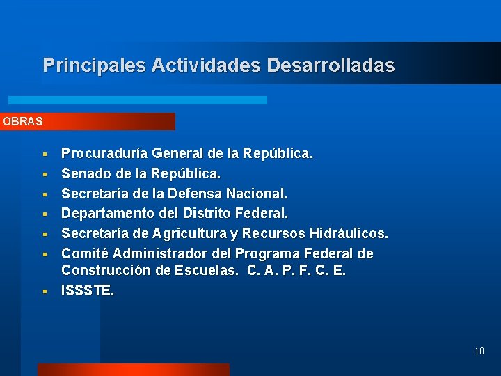 Principales Actividades Desarrolladas OBRAS § § § § Procuraduría General de la República. Senado