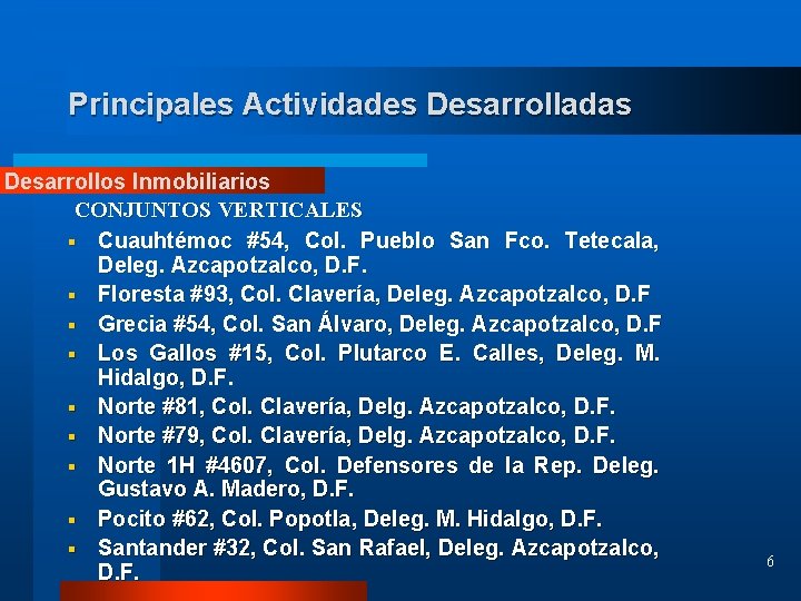 Principales Actividades Desarrolladas Desarrollos Inmobiliarios CONJUNTOS VERTICALES § Cuauhtémoc #54, Col. Pueblo San Fco.