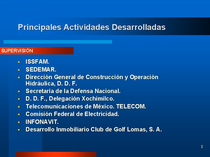 Principales Actividades Desarrolladas SUPERVISIÓN § § § § § ISSFAM. SEDEMAR. Dirección General de